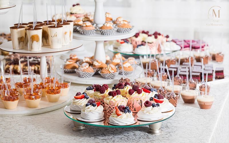 Wide dessert spread at a wedding